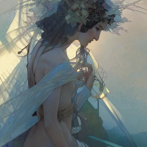 Prompt: a stairway to heaven that is collapsing, art by artgerm and greg rutkowski and alphonse mucha, elegant, intricate, highly detailed, digital painting, artstation, concept art, sharp focus, illustration, 8 k