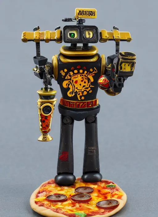 Prompt: 8 0 mm resin detailed miniature of a warhammer 4 0 k pizza delivery boy, robot, product introduction photos, 4 k, full body,