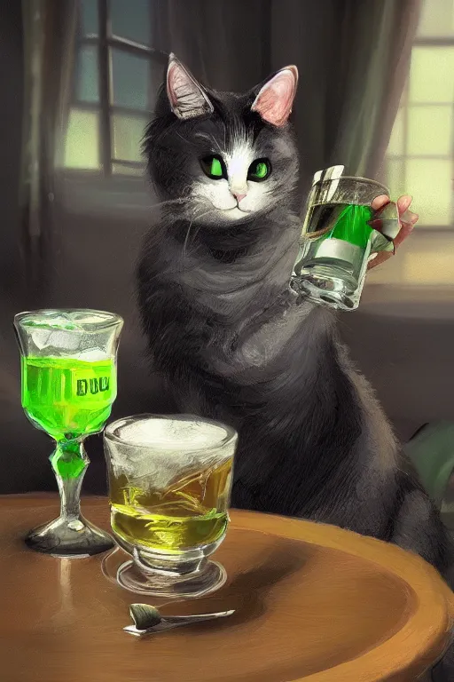 Image similar to a cute cat drinkng absinthe in Paris, vivid colors, high details, cinematic, 8k resolution, beautiful detailed, photorealistic, digital painting, artstation, concept art, smooth, sharp focus, illustration, fantasy background, artstation trending, octane render, unreal engine