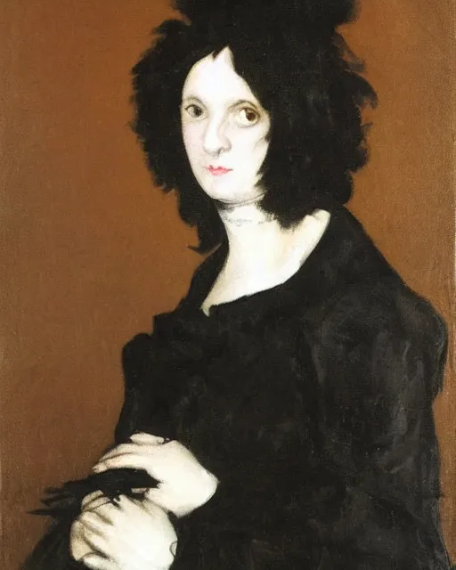 Image similar to A goth portrait painted by Francisco Goya. Her hair is dark brown and cut into a short, messy pixie cut. She has a slightly rounded face, with a pointed chin, large entirely-black eyes, and a small nose. She is wearing a black tank top, a black leather jacket, a black knee-length skirt, a black choker, and black leather boots.