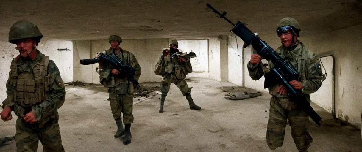 Prompt: filmic extreme wide shot dutch angle movie still 4k UHD 35mm film color photograph of a soldier wearing a 1982 us military outfit shooting an AK-47 toward the camera with a terrified look on his face, inside of a military bunker, in the style of a 1980s action film