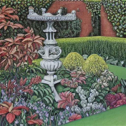 Image similar to Hyperrealism traditional english garden painting by MC Escher