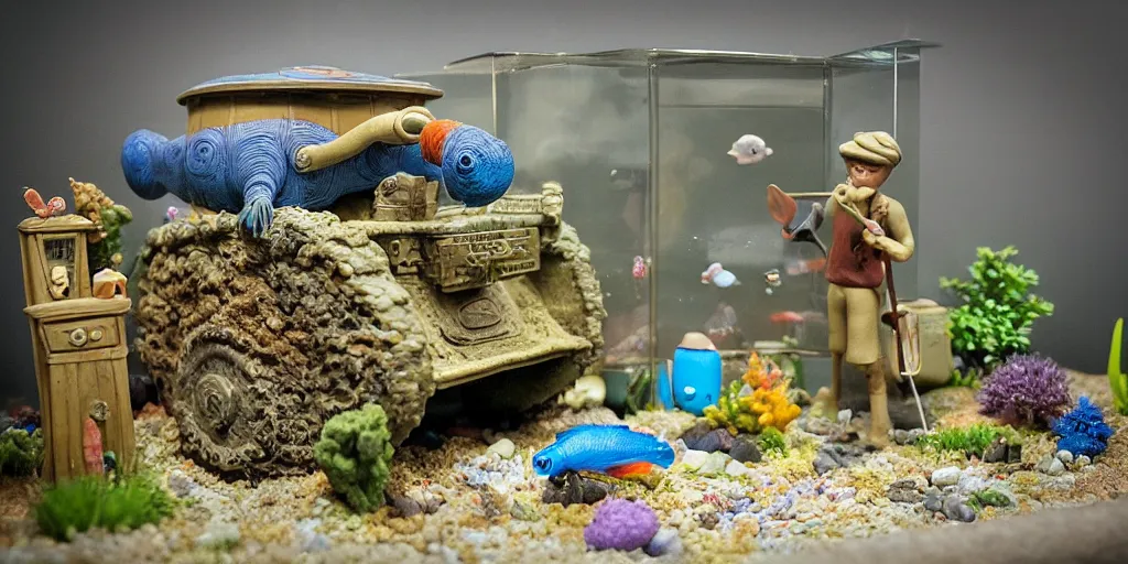 Prompt: plasticine model of newt. figures clay. bubbles. weird. surreal. tank. strange. tilt shift. tank. fish tank in waiting room. photorealistic.