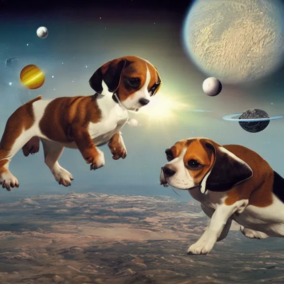 Image similar to beagles playing in space, science fiction matte painting, highly detailed,
