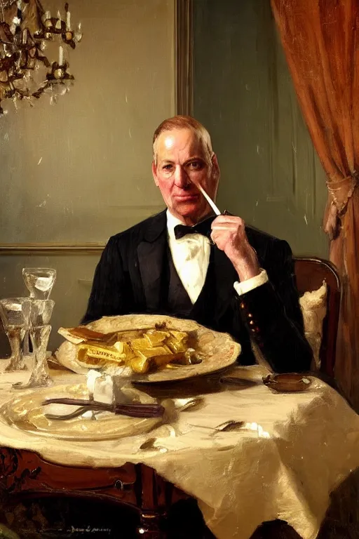 Prompt: portrait of a respectable dignified royal business elite politician sitting at a finely set table with a fork and knife about to consume an entire stick of butter, official fanart behance hd artstation, master painting solomon joseph solomon and richard schmid and jeremy lipking victorian genre painting portrait painting