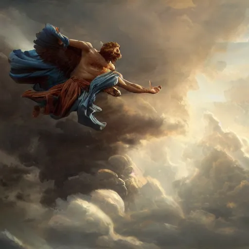 Prompt: an epic painting of Zeus flying on a lighting in thunderclouds by Diego Gisbert Llorens, Zeus flying on a lighting, epic painting, masterpiece, hyperdetailed, artstation, cgsociety, 8k