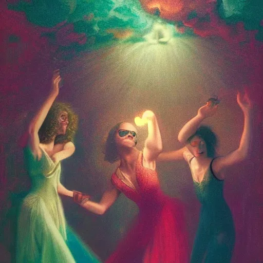 Prompt: young people in a fancy vintage nightclub dancing and drinking, partylights, great colors, by agostino arrivabene, trending on artstation
