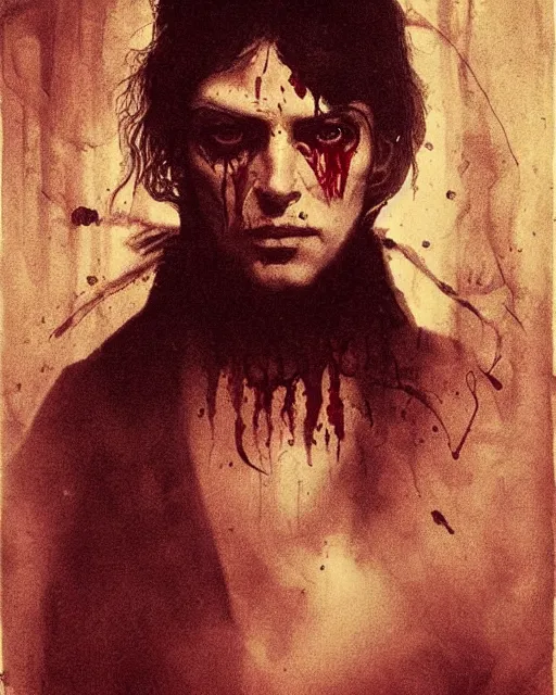 Image similar to a handsome but sinister and creepy man in layers of fear, with haunted eyes, violence in his eyes, 1 9 7 0 s, seventies, delicate embellishments, a little blood, crimson, painterly, offset printing technique, by alexandre cabanel