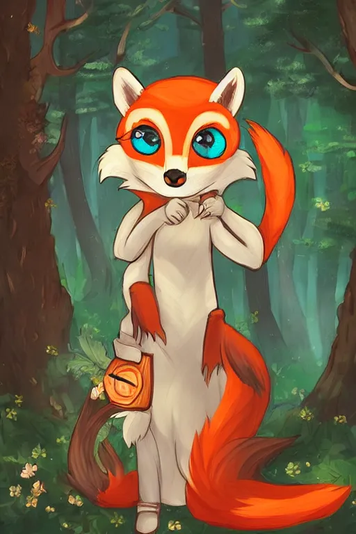 Image similar to a pretty medieval anthropomorphic fox with a fluffy tail in the forest, comic art, trending on furaffinity, cartoon, kawaii, backlighting, furry art!!!, radiant light, bokeh, trending on artstation, digital art