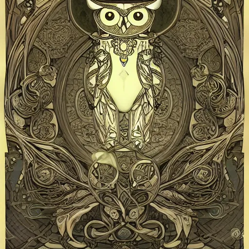 Image similar to cute owl, organic, epic, baroque art nouveau, manga, james jean, mucha, yoshitaka amano, photorealistic rendering, 3 ds max + v - ray, extremely detailed and complex, center composition, elegant, vfx, unreal engine 5, octane rendering, very contrasting, very sharp lines