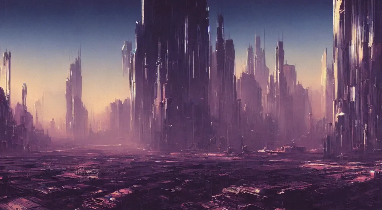 Prompt: a beautiful painting of A cyberpunk city on the plains of the outer planets,80s sci-fi,4k,by John Harris