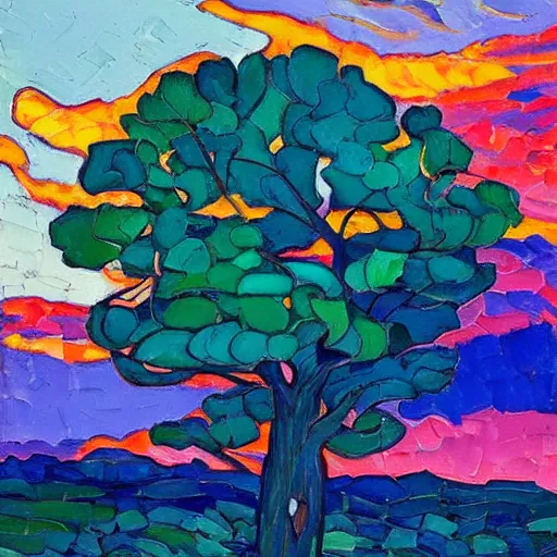 Image similar to a painting of a tree in the sunset, a gouache by Erin Hanson and RHADS, deviantart, neo-fauvism, fauvism, impressionism, vivid colors, rich color palette, acrylic art