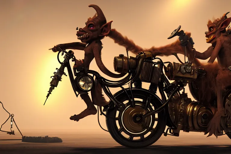 Image similar to a goblin riding a steampunk motorcycle, sunlit daytime, volumetric light, hyperdetailed, artstation, cgsociety, 8k