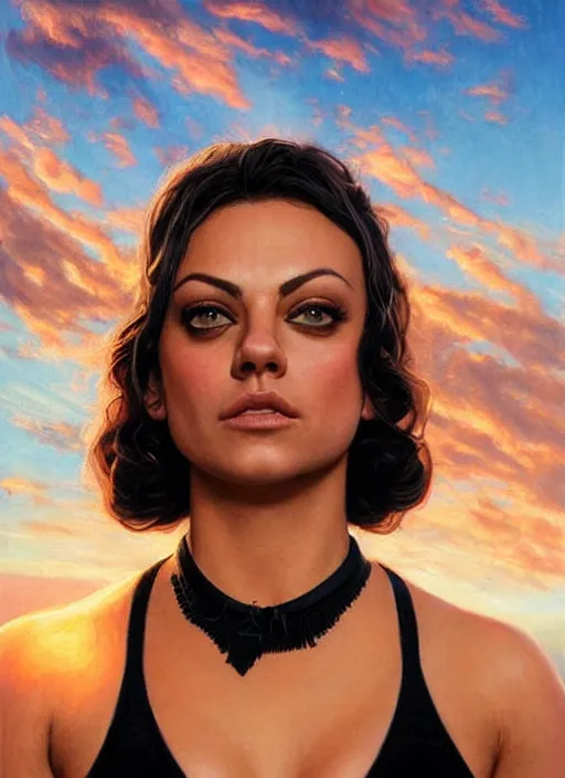 Image similar to epic portrait of Mila Kunis wearing black choker, a very strong muscled Amazon heroine, sun beams across sky, pink golden hour, intricate, elegance, highly detailed, shallow depth of field, epic vista, concept art, art by Artgerm and Donato Giancola, Joseph Christian Leyendecker