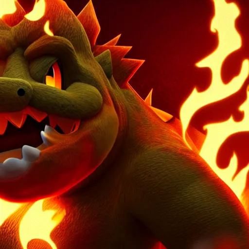 Image similar to A Realistic Bowser From Super Mario Bros, 8k, HD, Photorealistic, Flames