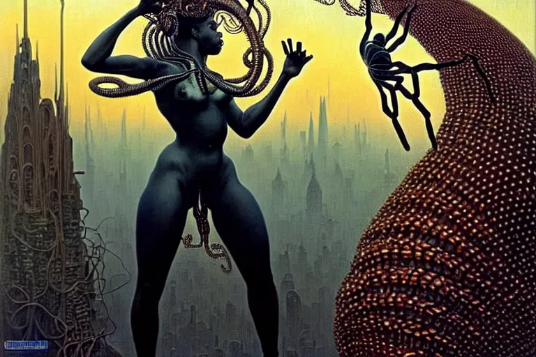 Image similar to realistic detailed portrait movie shot of a beautiful black woman riding a giant spider, dystopian city landscape background by denis villeneuve, amano, yves tanguy, alphonse mucha, max ernst, ernst haeckel, kehinde wiley, caravaggio, jean delville, edward robert hughes, roger dean, cyber necklace, rich moody colours, sci fi patterns, dramatic, wide angle