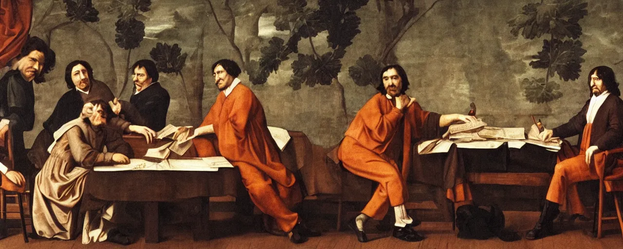 Image similar to rene descartes discussing philosophy with spaghetti, 1 5 0 0 s, kodachrome, in the style of wes anderson, retro