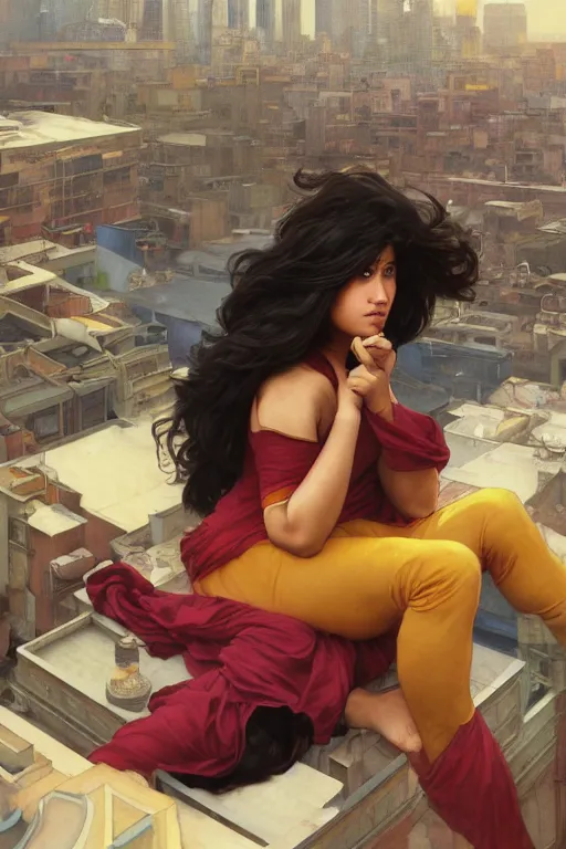 Image similar to A Full View of Kamala Khan Iman Vellani on a rooftop. MCU. masterpiece 4k digital illustration by Ruan Jia and Mandy Jurgens and Artgerm and greg rutkowski and Alexander Tsaruk and WLOP and william-adolphe bouguereau, award winning, Artstation, art nouveau aesthetic, Alphonse Mucha background, intricate details, realistic, panoramic view, Hyperdetailed, 8k resolution, intricate art nouveau