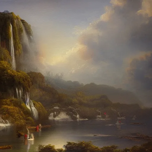 Prompt: A beautiful painting of an island of city floating above the sea, waterfall