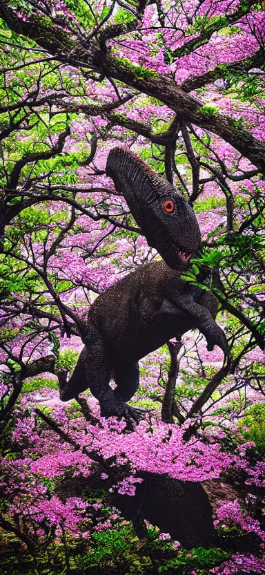 Image similar to “ a portrait photo of tyrannosaurus at a sakura tree, side shot, by professional photographer, 8 k resolution, high quality ”