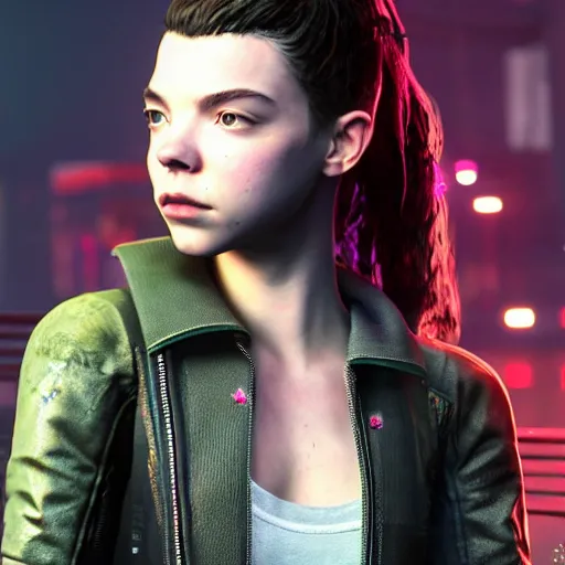 Prompt: Anya Taylor-Joy I'm cyberpunk 2077 unreal engine 5 4k volumetric lighting hyperdetailed photorealism HDR