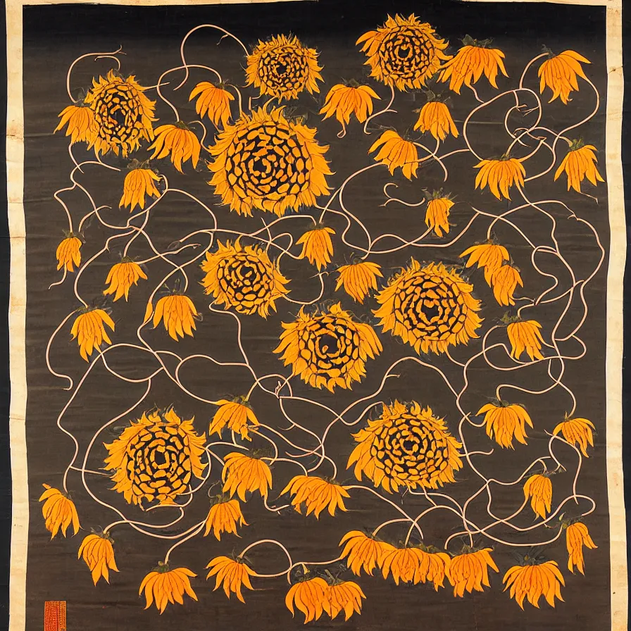 Prompt: nepalese thangka about withered sunflowers and dry nasturtiums with vines, dark tones, moody, night, moonlight