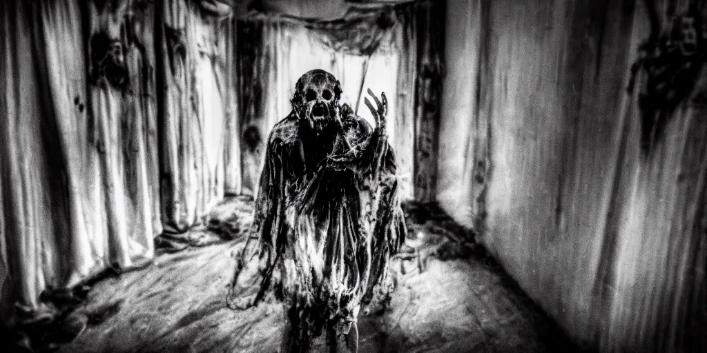 Prompt: a photograph of a boo hag, horror movie still, 24mm lens, scary, cinematic