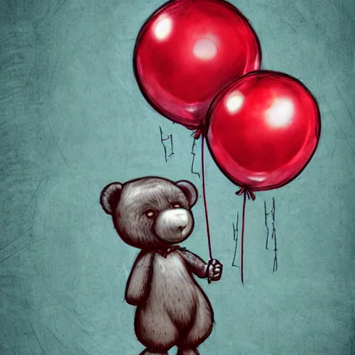 Image similar to surrealism grunge cartoon sketch of a teddy bear with a wide smile holding a red balloon by - michael karcz, loony toons style, horror theme, detailed, elegant, intricate