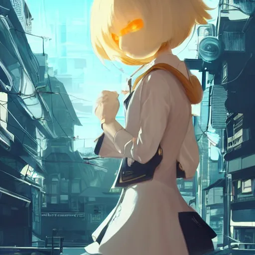 Image similar to luxury advertisement, white and golden colors. highly detailed post-cyberpunk sci-fi close-up schoolgirl in asian city in style of cytus and deemo, mysterious vibes, by Ilya Kuvshinov, by Greg Tocchini, nier:automata, set in half-life 2, beautiful with eerie vibes, very inspirational, very stylish, surrealistic, perfect digital art, mystical journey in strange world, bastion game