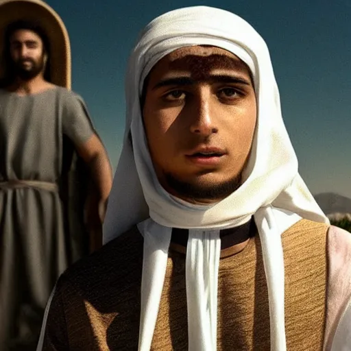 Image similar to 17 year old middle eastern skinned man in Biblical clothing standing. 10 foot tall man stands behind him. Cinematic, epic.