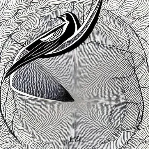 Image similar to an art nouveau design of birds flying in a simple spiral, ink, line art