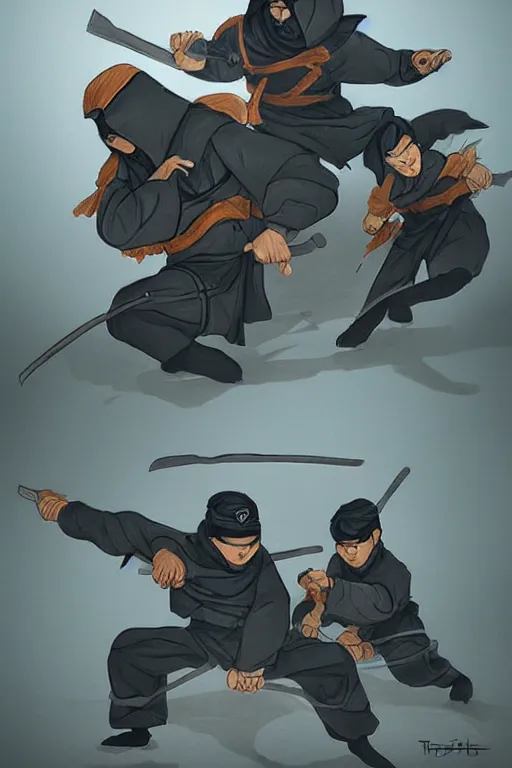 Prompt: trowing rock to ninjas, ilustrator by tafy laplanche and bo feng lin