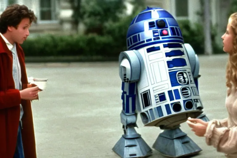 Image similar to a movie still from the 1989 romcom movie when Harry Met R2D2 starring Billy Crystal