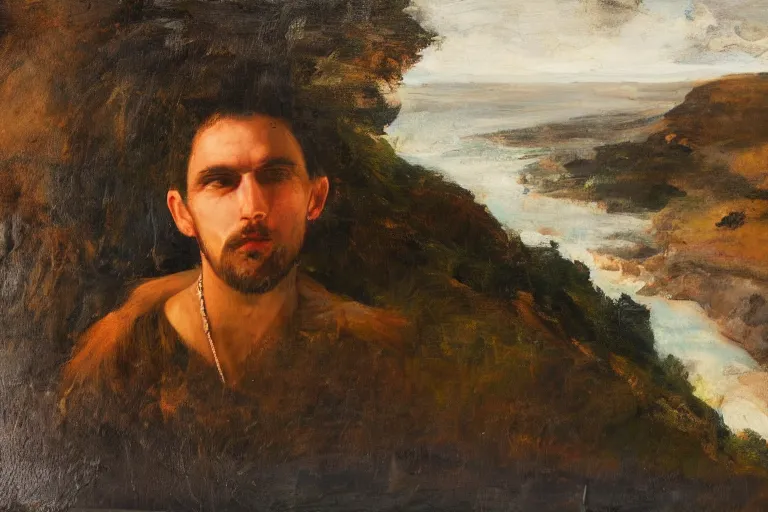 Prompt: portrait of a man looking down a cliff by lina iris viktor and velasquez, oil painting, decollage 4 k