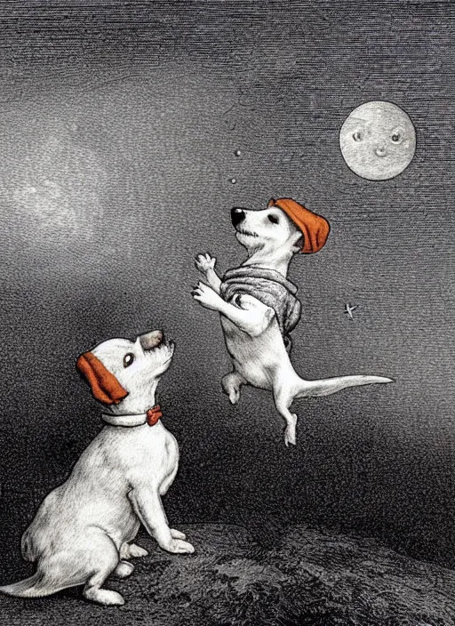 Prompt: candid portrait of jack russel dog looking up barking at the moon, night sky, highly detailed, side view, illustrated by peggy fortnum and beatrix potter and sir john tenniel