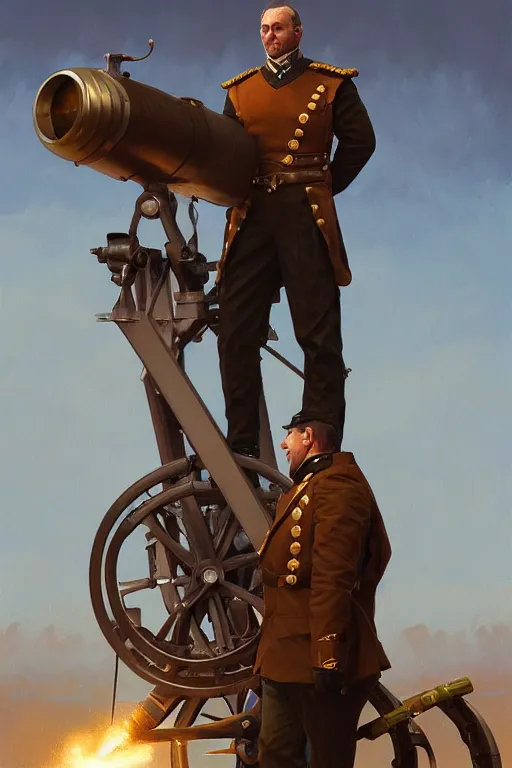 Image similar to man as a human cannonball in the artillery cannon, realistic painting, symmetrical, highly detailed, digital painting, artstation, concept art, smooth, sharp focus, illustration, cinematic lighting, art by artgerm and greg rutkowski and alphonse mucha