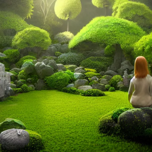 Image similar to hyper realistic render of a heavenly garden of peace, filled with trees, stone slab, flowers, moss, ferns, a girl meditating at a distance, trending on artstation, volumetric lighting, hyper realistic, hyper detailed, high quality render, blender guru