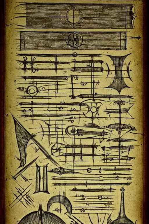 Image similar to design sheet of tools needed to summon a demon in an occult ritual by leonardo da vinci, blueprint page