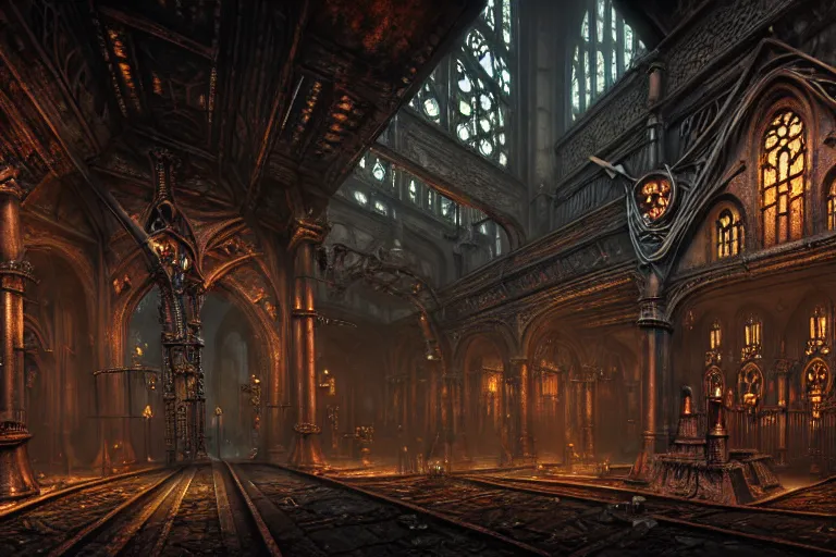 Image similar to steam necropolis, memento mori, gothic, neo - gothic, art nouveau, hyperdetailed copper patina medieval icon, stefan morrell, philippe druillet, ralph mcquarrie, concept art, steampunk, unreal engine, detailed intricate environment, octane render, moody atmospherics, volumetric lighting, ultrasharp, ominous, otherworldly