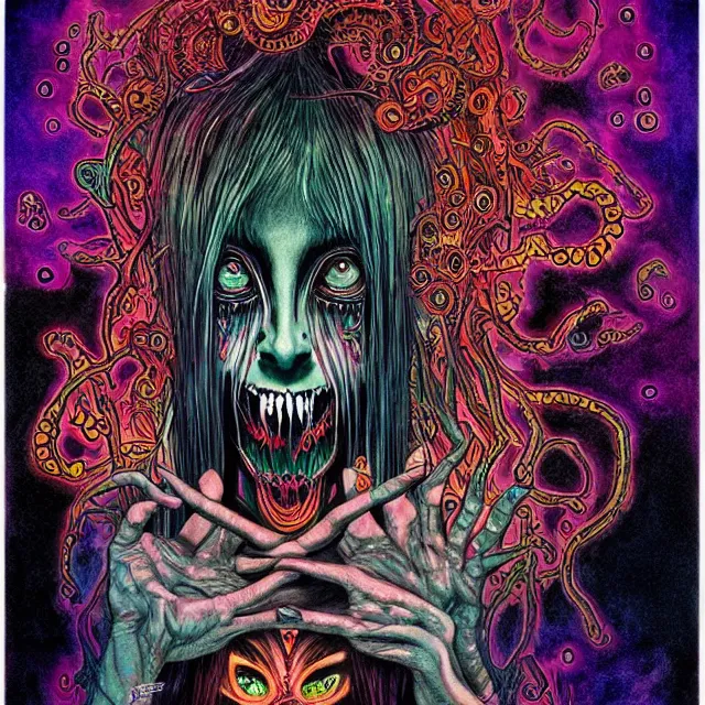 Prompt: symmetrical complex, black ink & copic markers, spiritual horror lsd art in vibrant muted colors, disturbing grunge still of a lovecraftian demon infested cashier at wallmart, by arthur adams, by tom bagshaw, by henry asencio, by kikuchi hideyuki