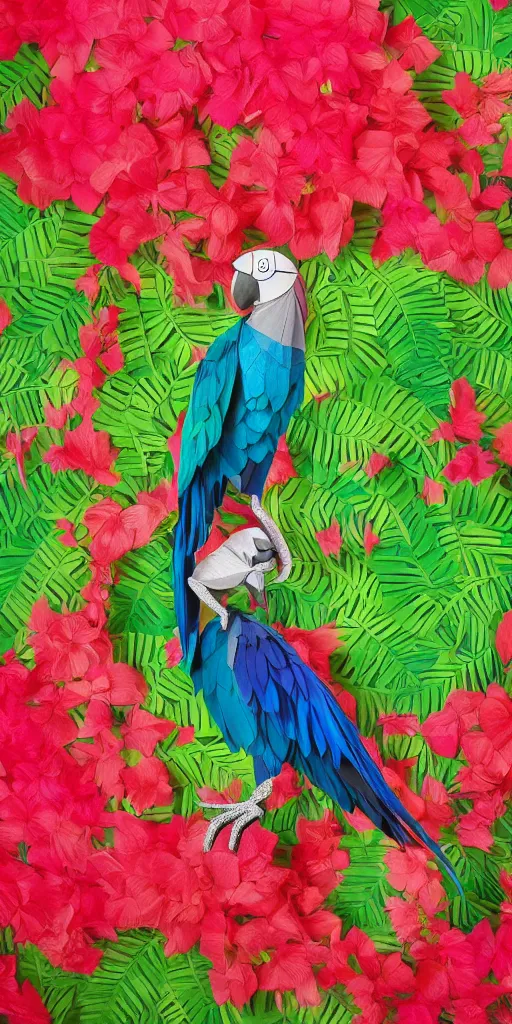 Image similar to anthropomorphic macaw woman wearing a flowing samba inpsired white and mint colored paper dress, background amazon jungle made of paper, paper Bougainvillea, many origami Bougainvillea, eery light, 3D, very detailed, octane render, trending ArtStation, artgem