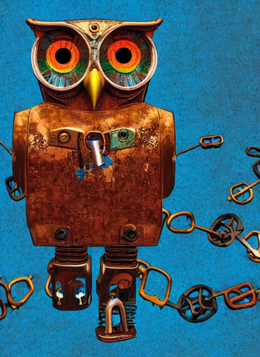 Image similar to colored pencil and pen drawing of an animatronic robot owl, bird made from rusty old keys and padlocks, cosmic background, 8 k photorender realityengine