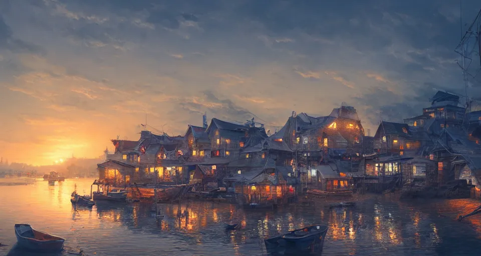 Prompt: a beautiful painting of a fishing village, gigantic, octane render, brilliantly coloured, intricate, ultra wide angle, trending on artstation, dusk, volumetric lighting, polished, micro details, ray tracing, 8k