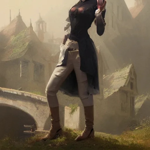 Image similar to a woman wearing a whiteblouse with a lether vest and some gloves, Matte painting , detailed painting, greg rutkowski