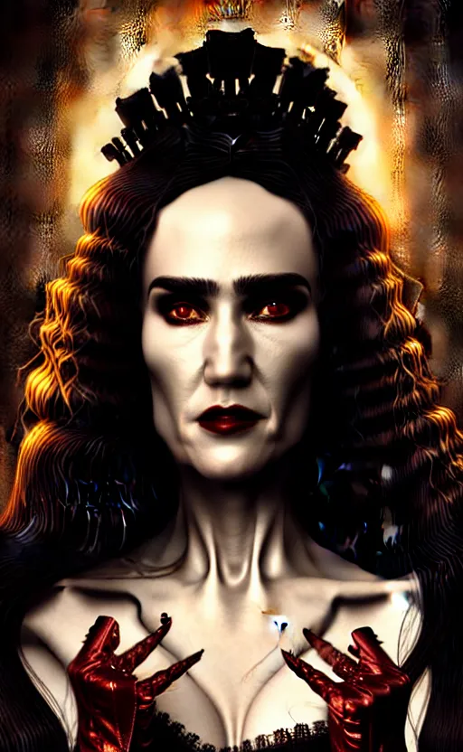 Prompt: jennifer connelly vampire queen, sharp fangs, blood, full body, intricate victorian dress, digital art, cinematic lighting, studio quality, symmetrical eyes, artgerm, joshua middleton, rafael albuquerque, moody lighting, candles, art style by klimt, nixeu and ian sprigger and wlop and krenz cushart