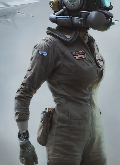 Image similar to full body concept art airbrushed painting of a female pilot, airbrushed painting, stunning, featured on artstation, cinematic lighting, hyperdetailed, cgsociety, 8k, dramatic, dark atmosphere, alluring