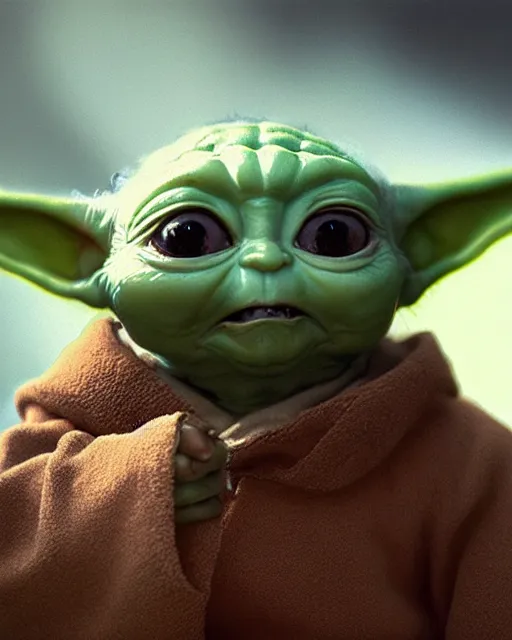 Prompt: a cute closeup portrait of cute Baby Yoda by Craig Mullins; beauitiful; realistic-lighting; anatomically-correct; 90mm; f/1.4