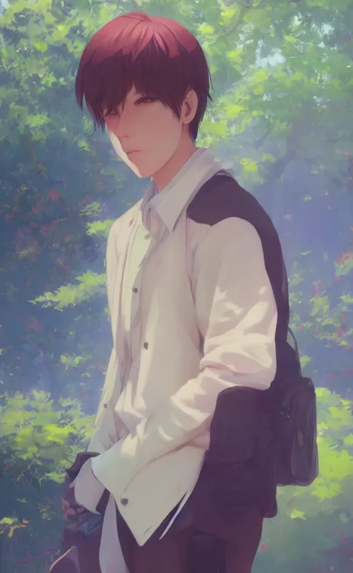 Image similar to a portrait of a male character on a park, vivid colors, soft lighting, atmospheric, cinematic, moody, in the style of ilya kuvshinov and range murata, krenz cushart, rule of thirds, oil on canvas, 8 k