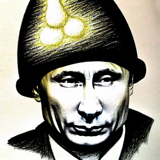 Image similar to vladimir putin with a nuclear mushroom cloud hat, cartoonish, ultra detailed pencil drawing