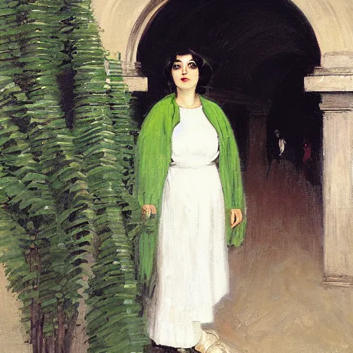 Prompt: portrait of a happy middle aged italian woman with black hair and green eyes sits outside an art deco cafe under an archway tunnel of laburnum trees in bloom painted by emile friant